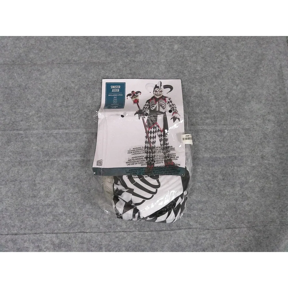 Sinister Jester Costume Kids XL 14-16 Skeleton Harlequin Black White
